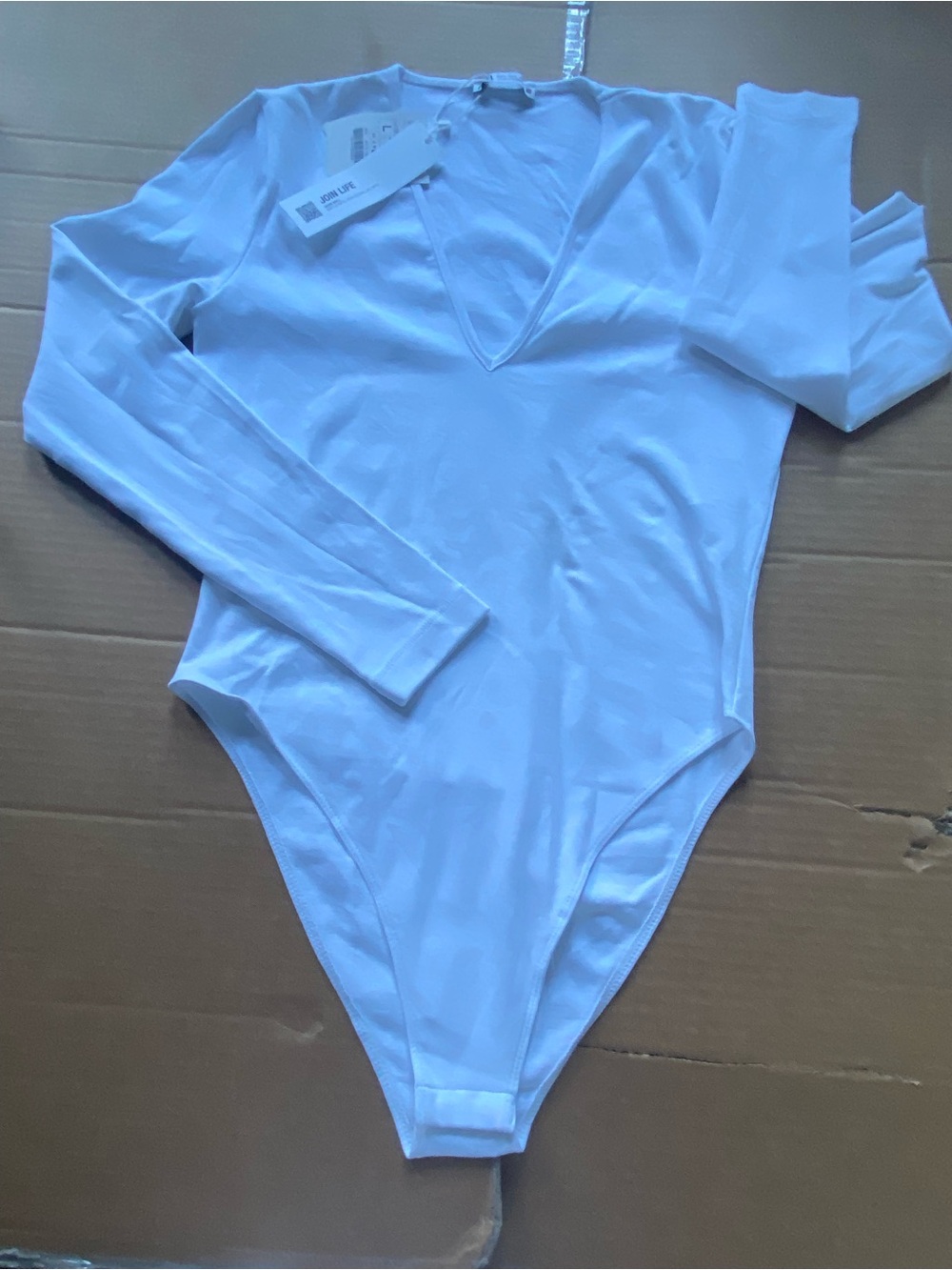 Zara White Long-Sleeve V-Neck One-Piece Bodysuit